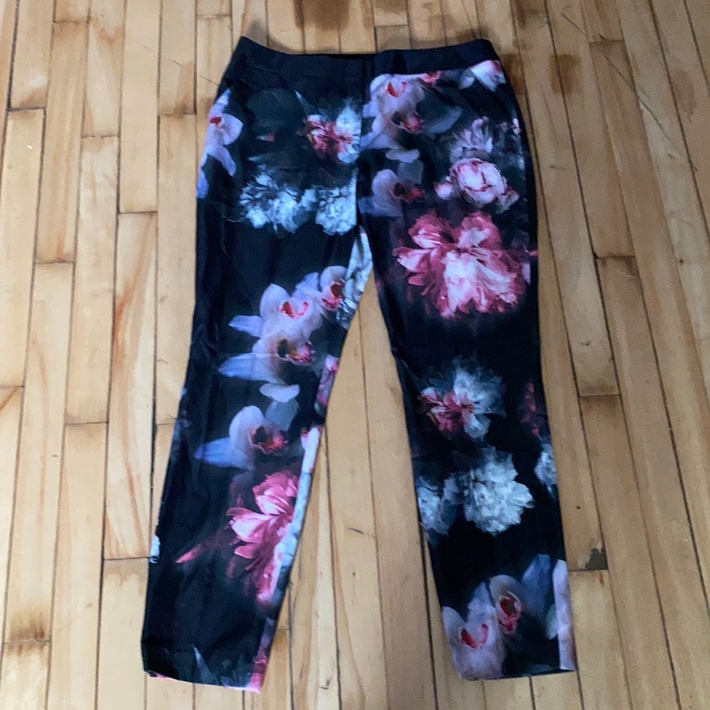 Ted Baker Black Floral Slim Leg Pants with Pink & White Blooms